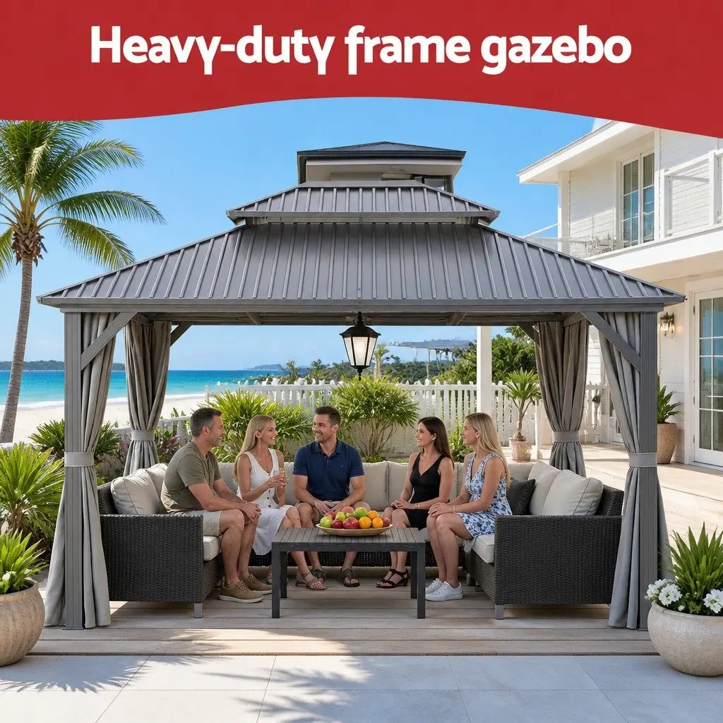 Outdoor Gazebo 3x3.65m Canopy Patio Tent with Steel Frame and Grey Polyester Roof and Mesh Curtains
