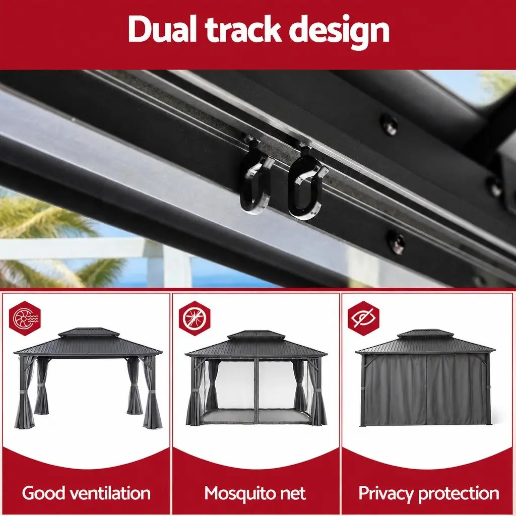 Outdoor Gazebo 3x3.65m Canopy Patio Tent with Steel Frame and Grey Polyester Roof and Mesh Curtains