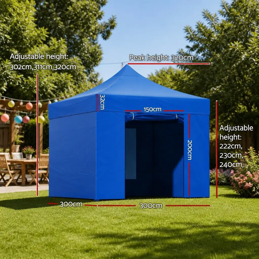 Folding Canopy Tent Oxford Fabric Blue Pop Up Gazebo 3x3m Outdoor Steel Frame Quick Assembly with Adjustable Height
