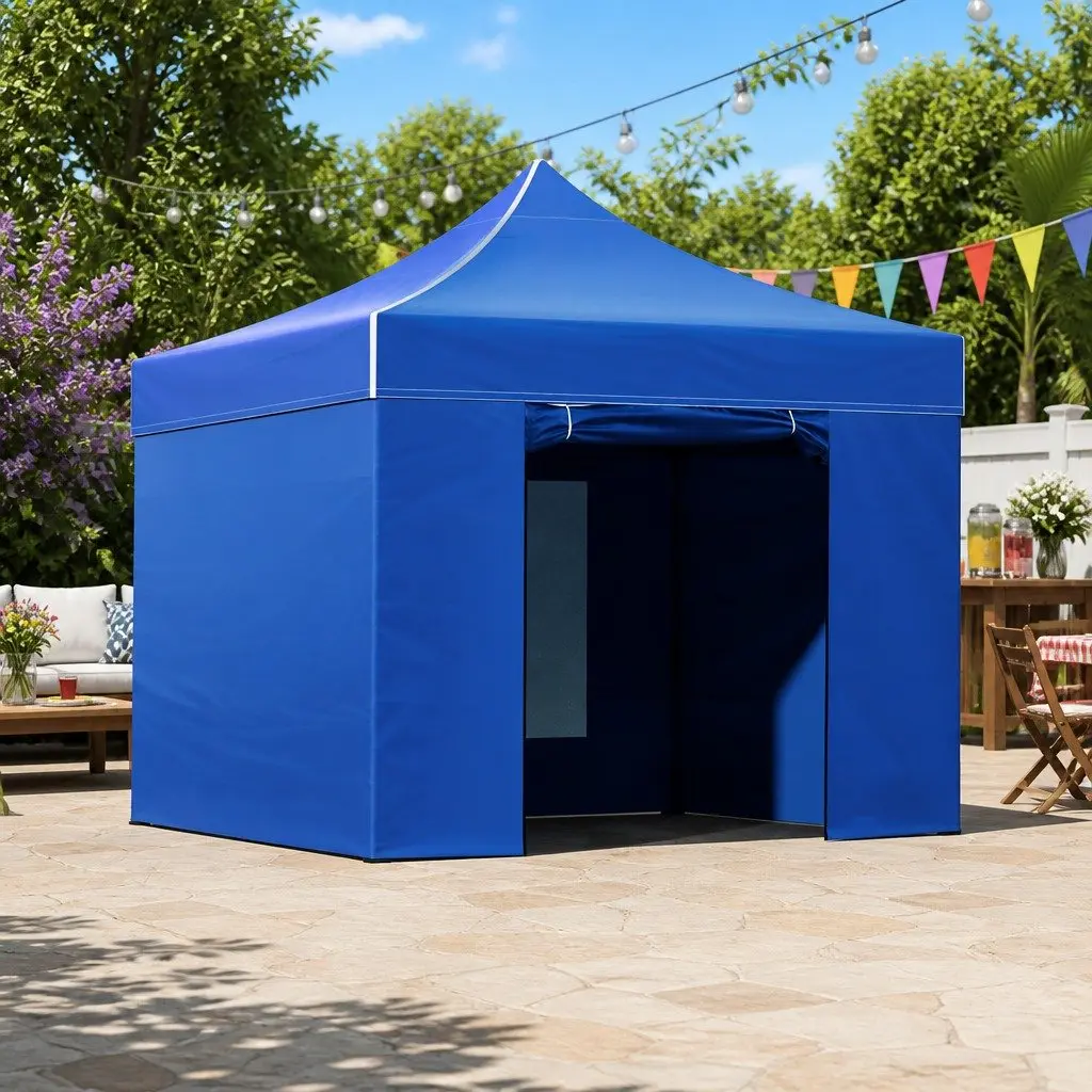 Folding Canopy Tent Oxford Fabric Blue Pop Up Gazebo 3x3m Outdoor Steel Frame Quick Assembly with Adjustable Height