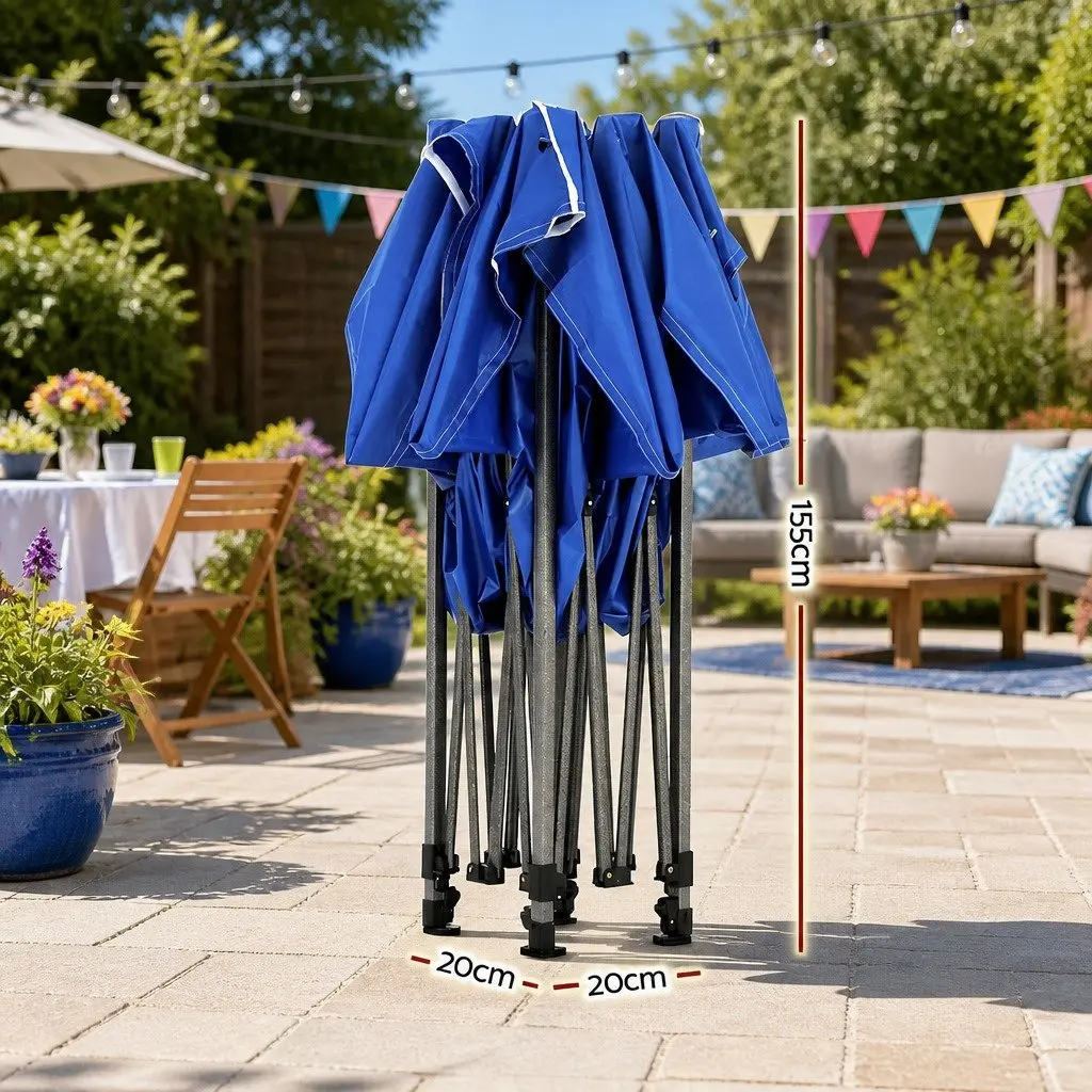 Folding Canopy Tent Oxford Fabric Blue Pop Up Gazebo 3x3m Outdoor Steel Frame Quick Assembly with Adjustable Height