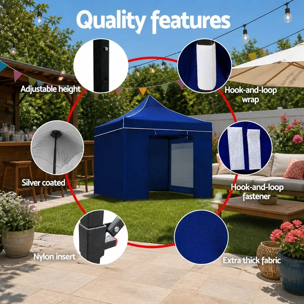 Folding Canopy Tent Oxford Fabric Blue Pop Up Gazebo 3x3m Outdoor Steel Frame Quick Assembly with Adjustable Height