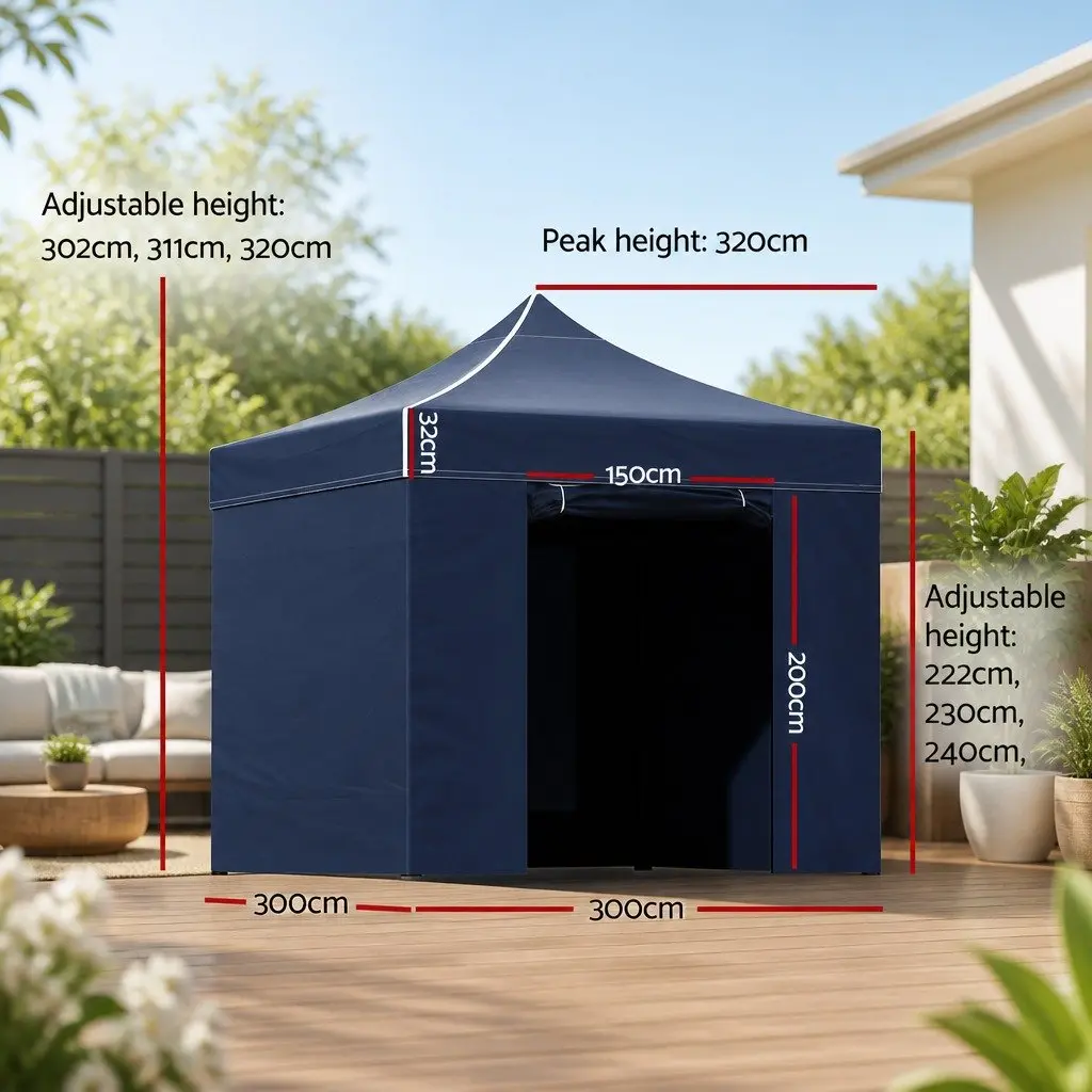 Pop Up Gazebo 3x3m Folding Tent Canopy Steel Frame Black