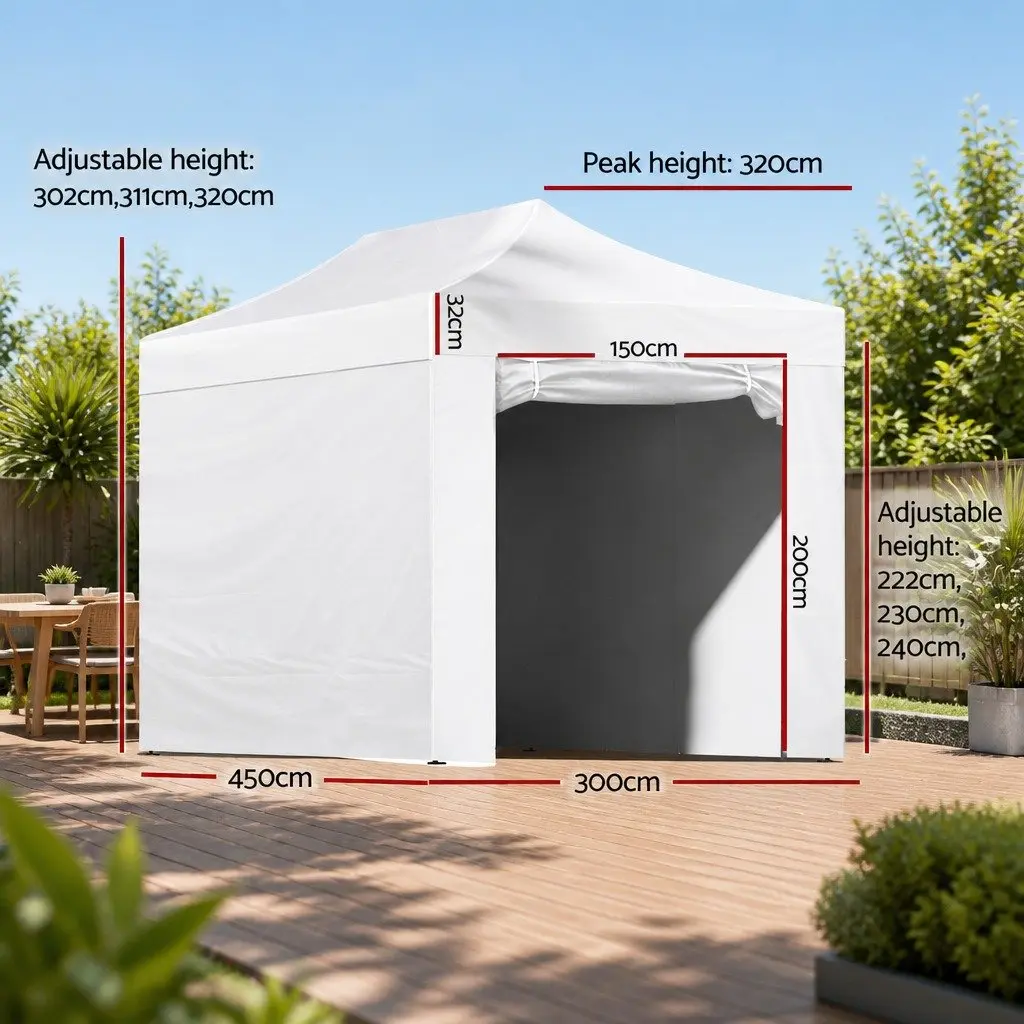 Pop Up Gazebo 3x4.5m Folding Canopy Tent Steel Frame White