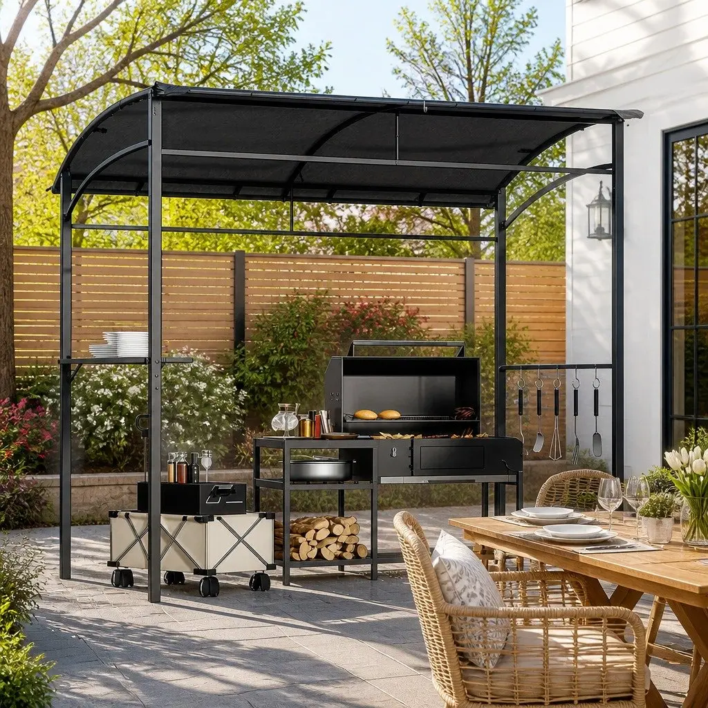 Grill Gazebo Steel Frame 218cm x 112cm x 213cm Grey Outdoor BBQ Shelter