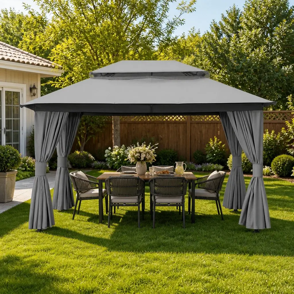 Gazebo Steel Frame 3x4m Grey Outdoor Canopy Patio Tent with Mosquito Mesh Curtains
