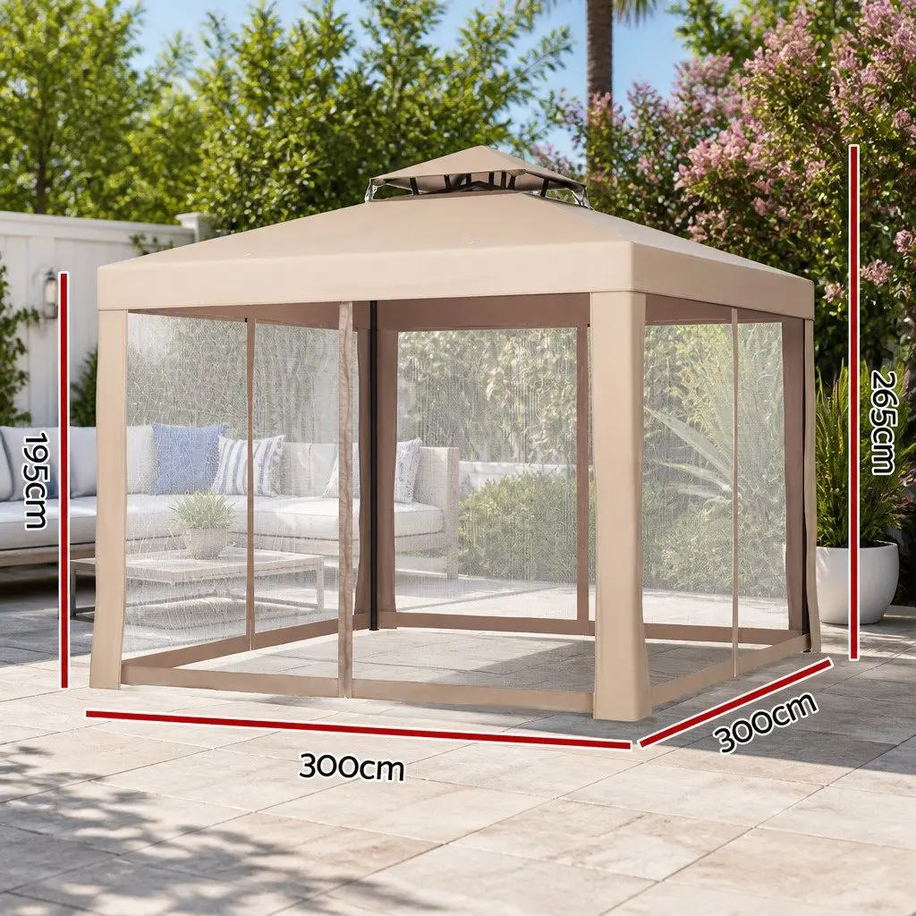Gazebo Tent Outdoor Event Canopy 300cm Brown Powder-coated Steel Insect-proof Mesh Walls