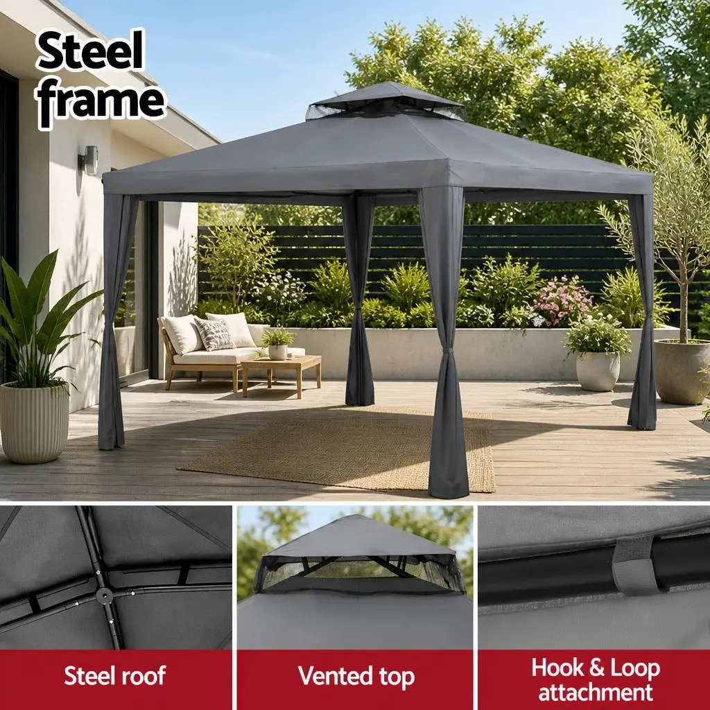 Gazebo Marquee 3m Outdoor Event Tent Camping Party Mesh Wall Canopy Grey