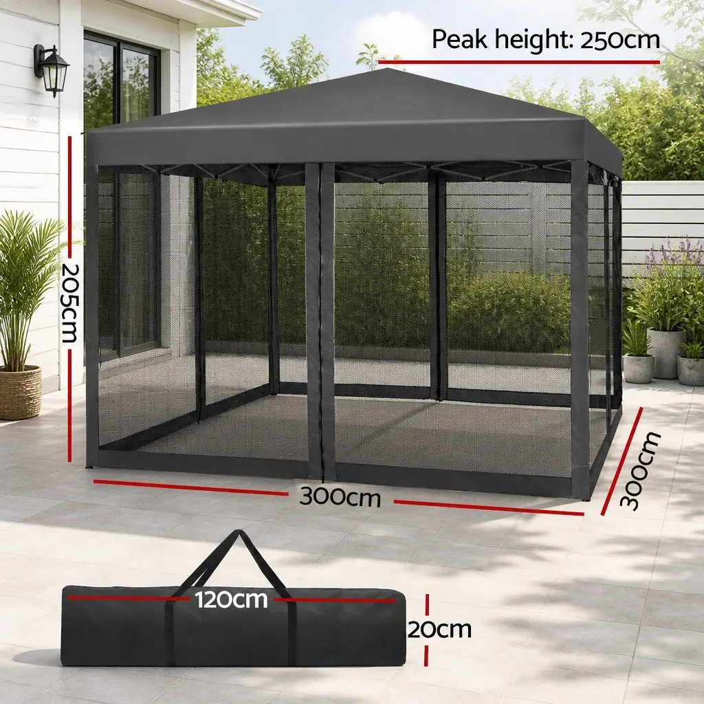 Pop Up Gazebo Canopy 3x3m Waterproof Grey with Mesh Walls and Zipped Entrances