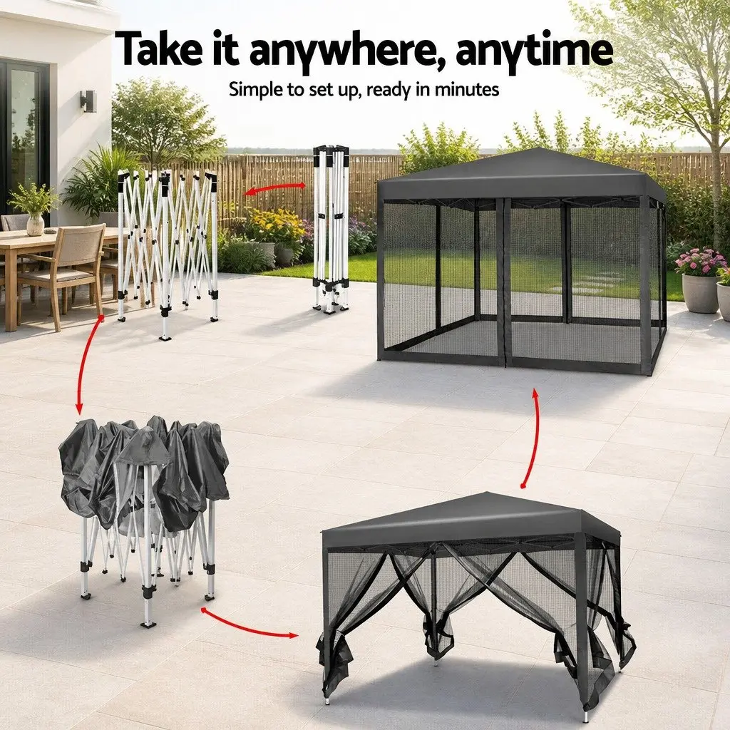 Pop Up Gazebo Canopy 3x3m Waterproof Grey with Mesh Walls and Zipped Entrances