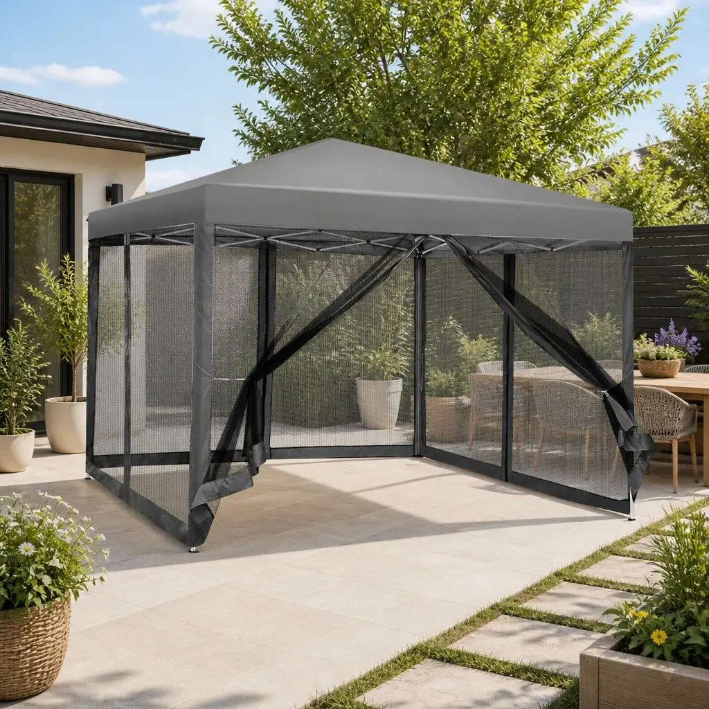 Pop Up Gazebo Canopy 3x3m Waterproof Grey with Mesh Walls and Zipped Entrances