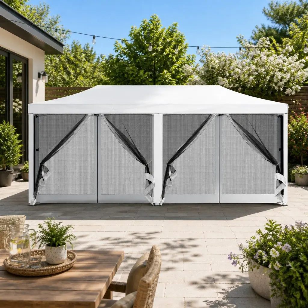 Pop Up Gazebo Canopy 3x6m White Oxford Fabric with Mesh Walls Outdoor Camping Tent