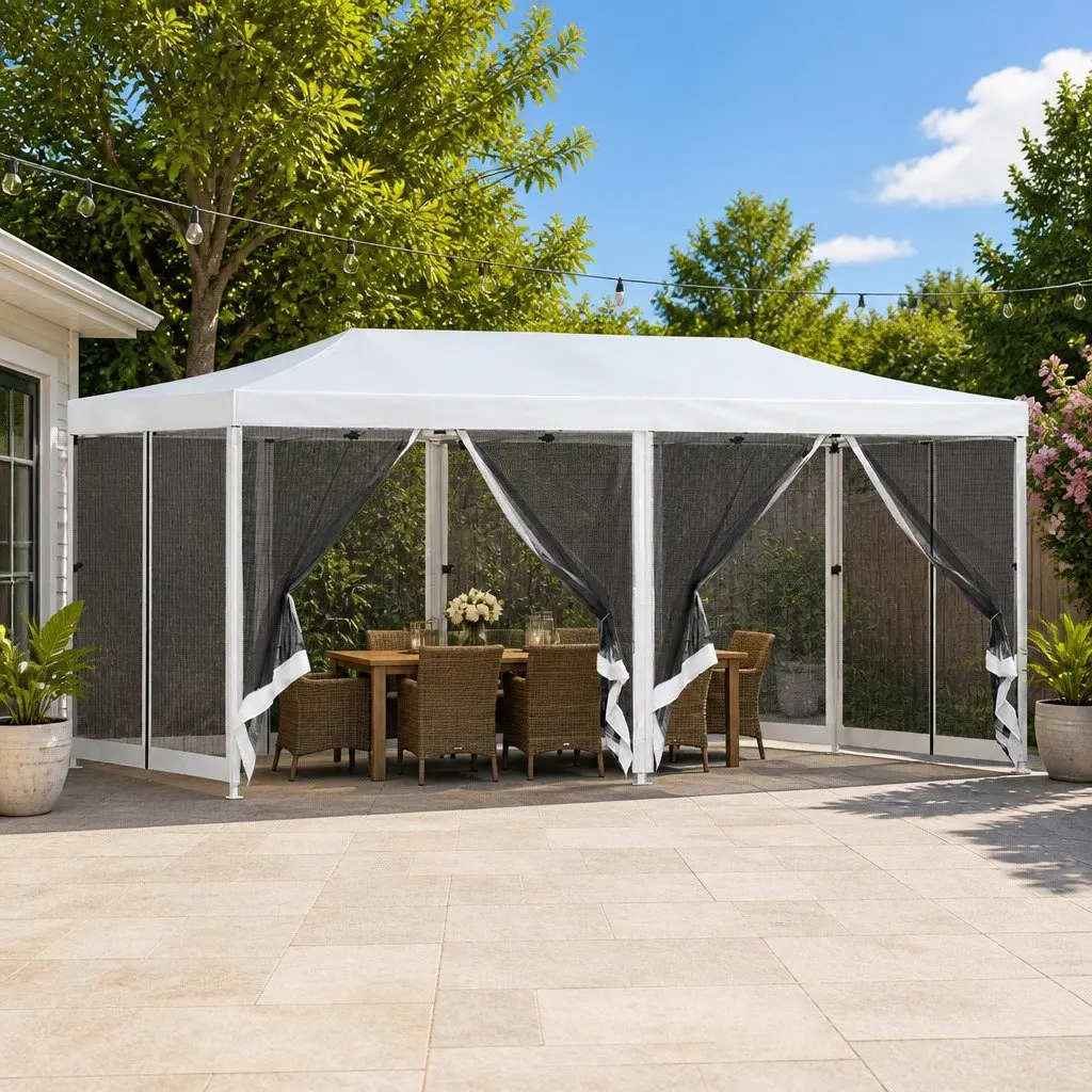 Pop Up Gazebo Canopy 3x6m White Oxford Fabric with Mesh Walls Outdoor Camping Tent