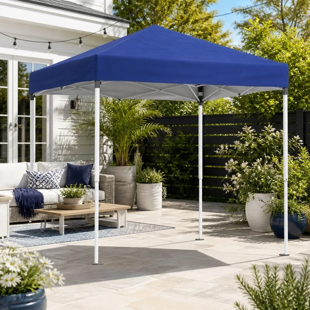 Gazebo Powder-coated Steel 2x2m Blue White with Silver-coated Oxford Fabric and Adjustable Height