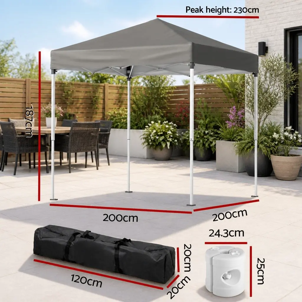 Garden Canopy 2x2m Adjustable Height Outdoor Shade with Four Base Pods Grey Powder Coated Steel Frame UV Water Resistant