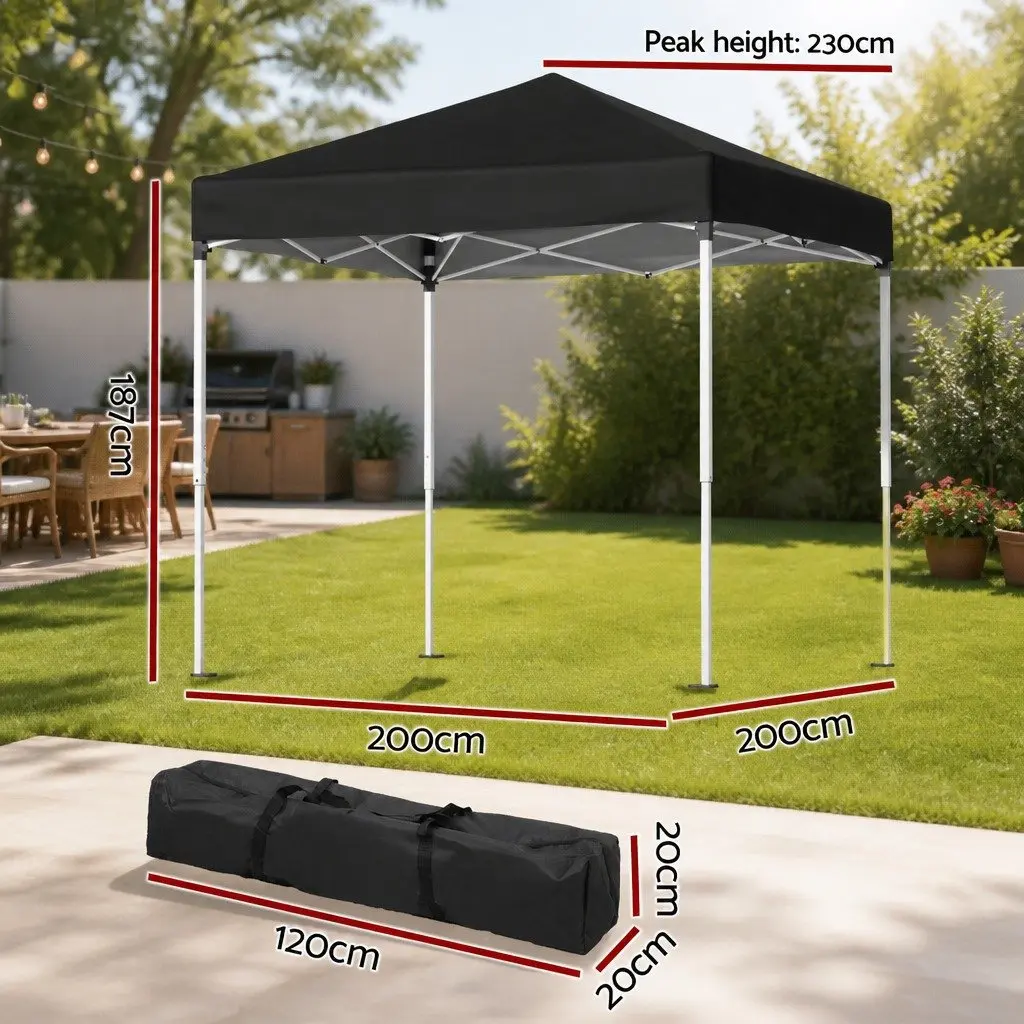 Gazebo Powder-Coated Steel Frame 2x2m Adjustable Height Black Canopy