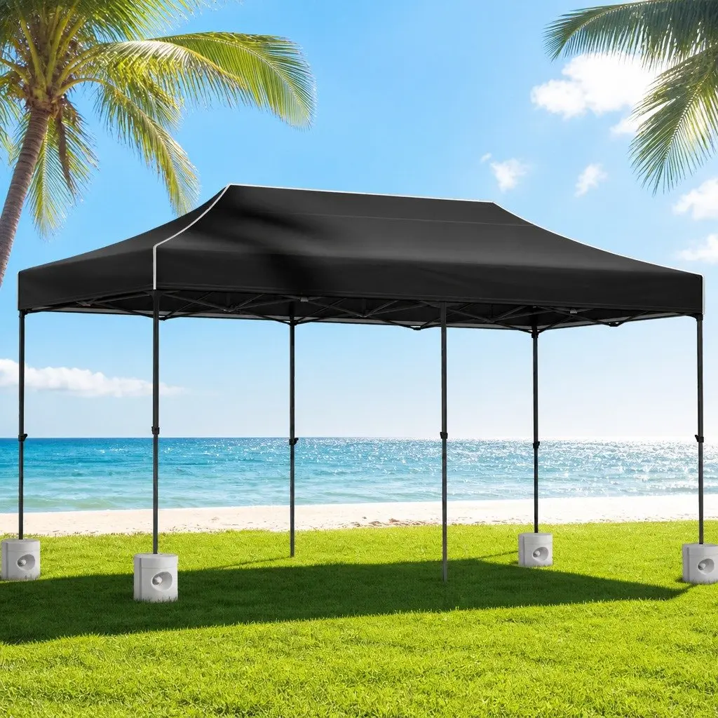 Pop Up Gazebo Canopy Tent 3x6m Folding Black 500D Oxford Fabric Powder Coated Steel Frame with 4 Base Pods