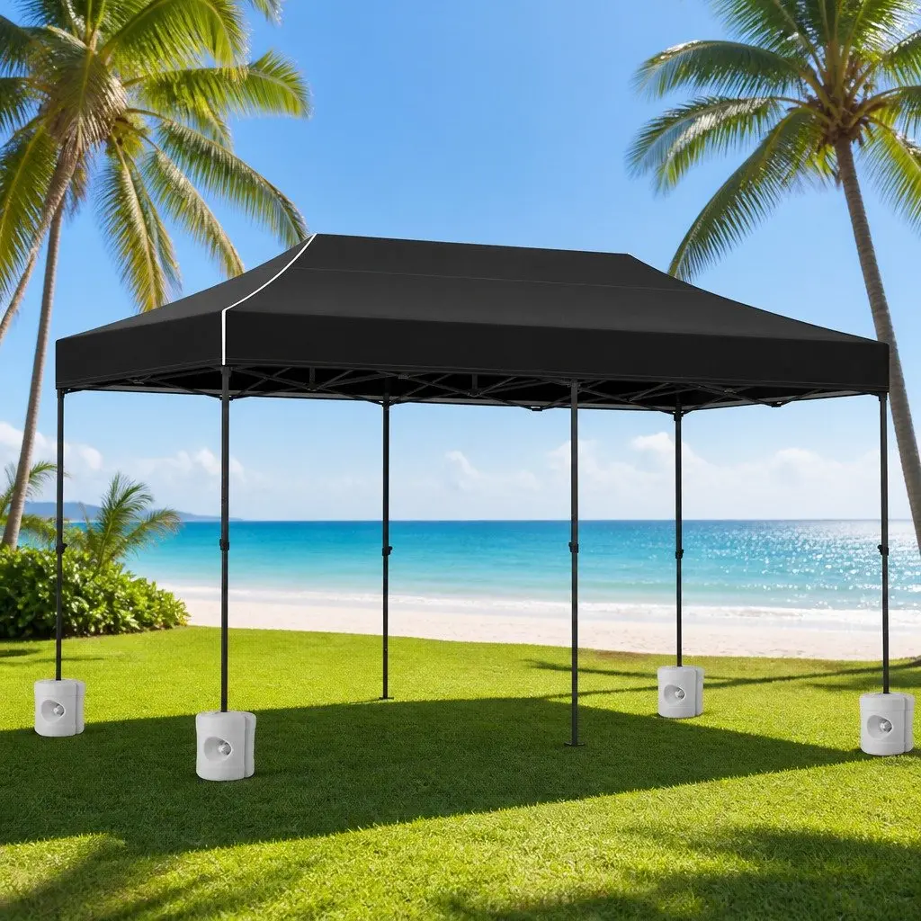 Pop Up Gazebo Canopy Tent 3x6m Folding Black 500D Oxford Fabric Powder Coated Steel Frame with 4 Base Pods