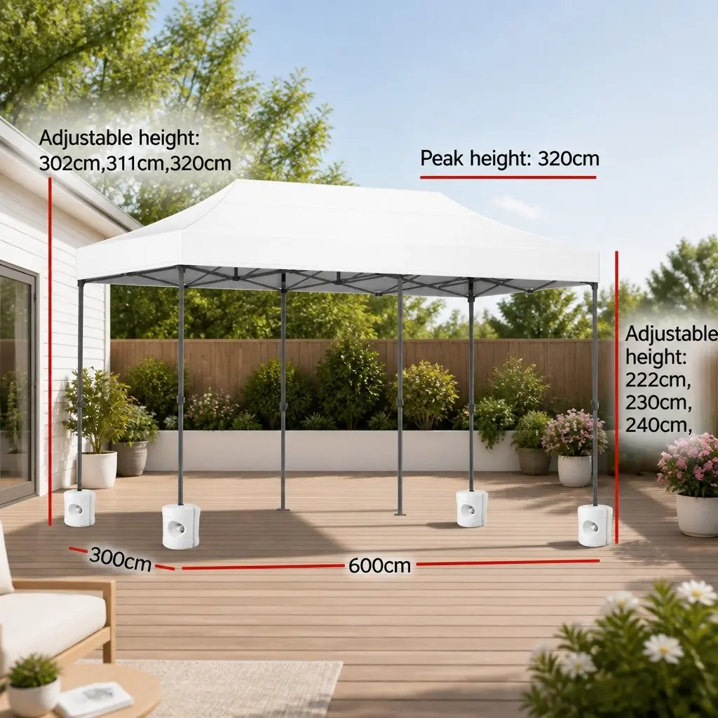 Pop Up Gazebo Canopy Tent 3x6m White 500D Oxford Fabric with Steel Frame and 4 Base Pods