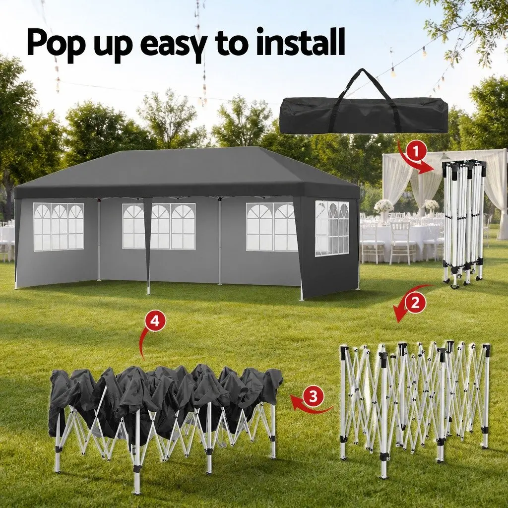 Pop Up Gazebo Steel 3x6m Grey Waterproof UV-resistant Canopy with Removable Mesh Panels