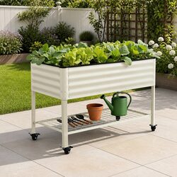 Elevated Garden Bed 115cm Mobile Planter with Wheels Storage Shelf White 81cm