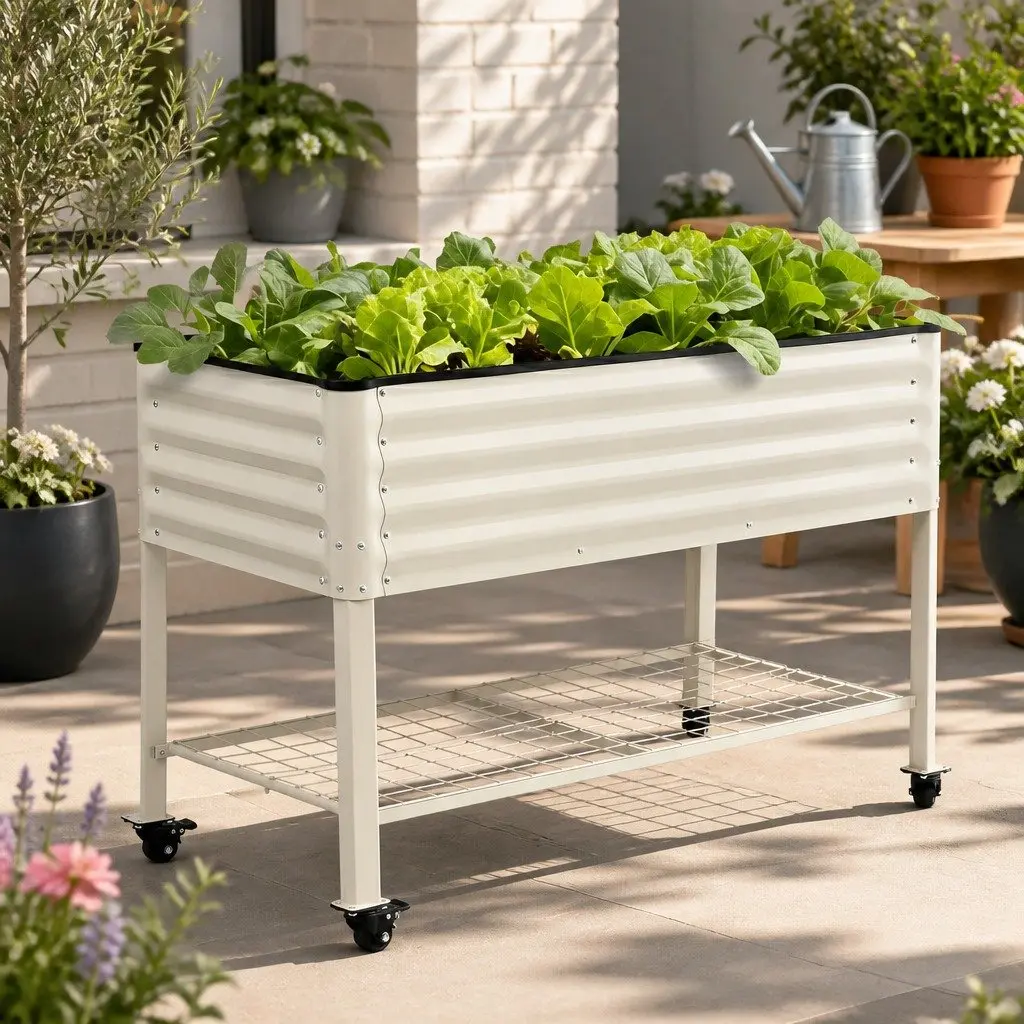 Mobile Planter Elevated Garden Bed Galvanized Steel 115cm White with Storage Shelf 81cm