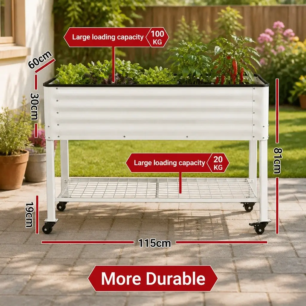Mobile Planter Elevated Garden Bed Galvanized Steel 115cm White with Storage Shelf 81cm
