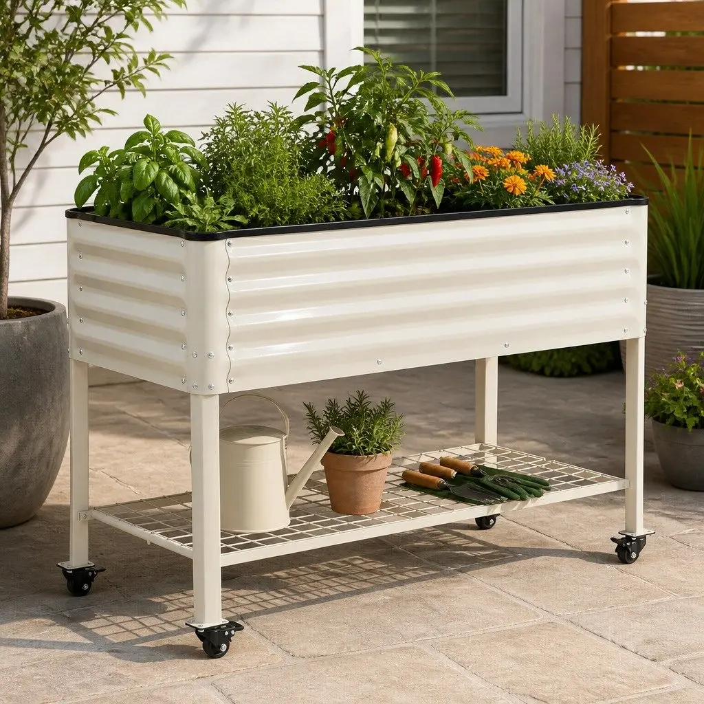 Mobile Planter Elevated Garden Bed Galvanized Steel 115cm White with Storage Shelf 81cm