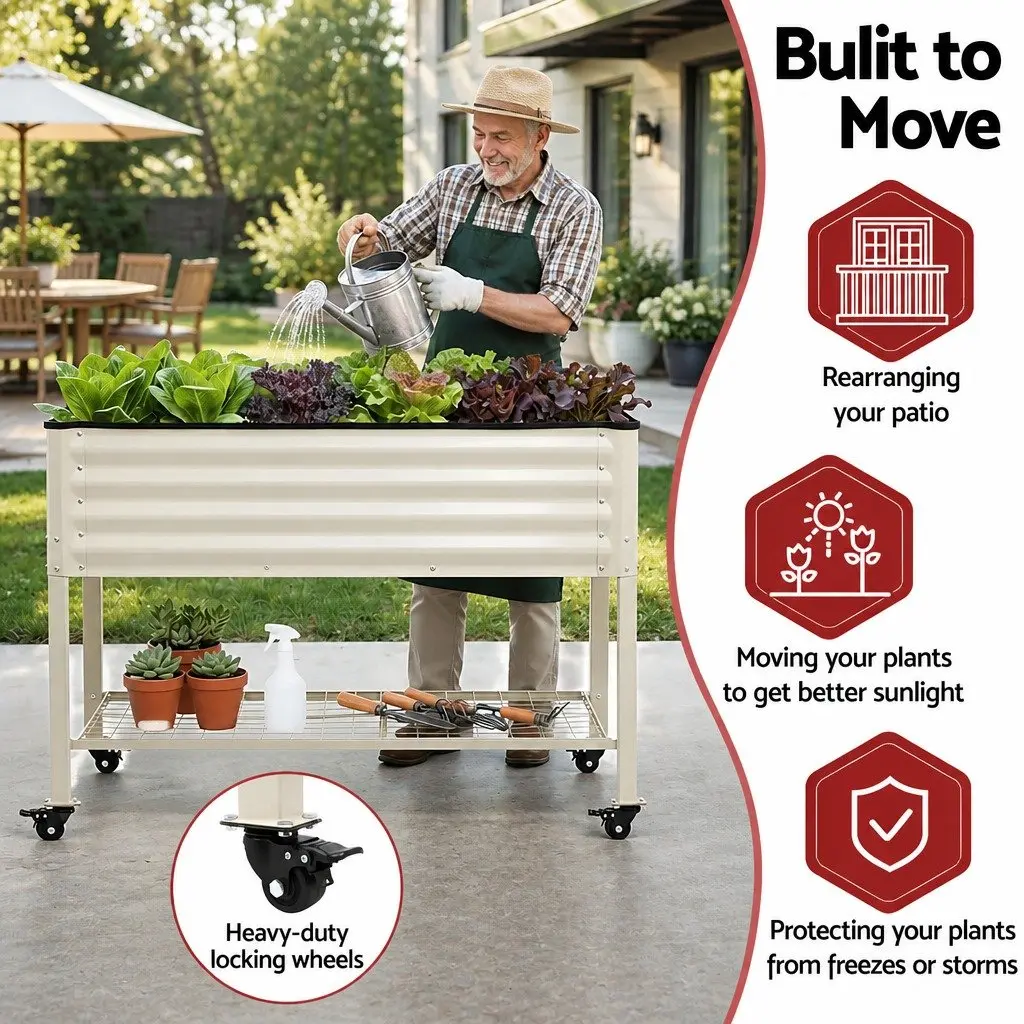 Mobile Planter Elevated Garden Bed Galvanized Steel 115cm White with Storage Shelf 81cm