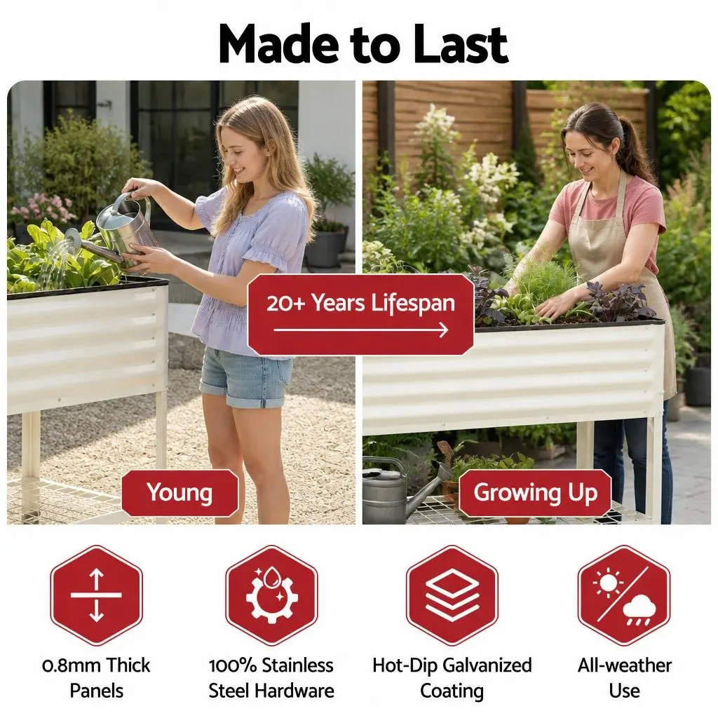 Mobile Planter Elevated Garden Bed Galvanized Steel 115cm White with Storage Shelf 81cm