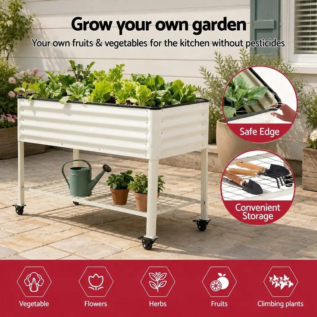 Mobile Planter Elevated Garden Bed Galvanized Steel 115cm White with Storage Shelf 81cm