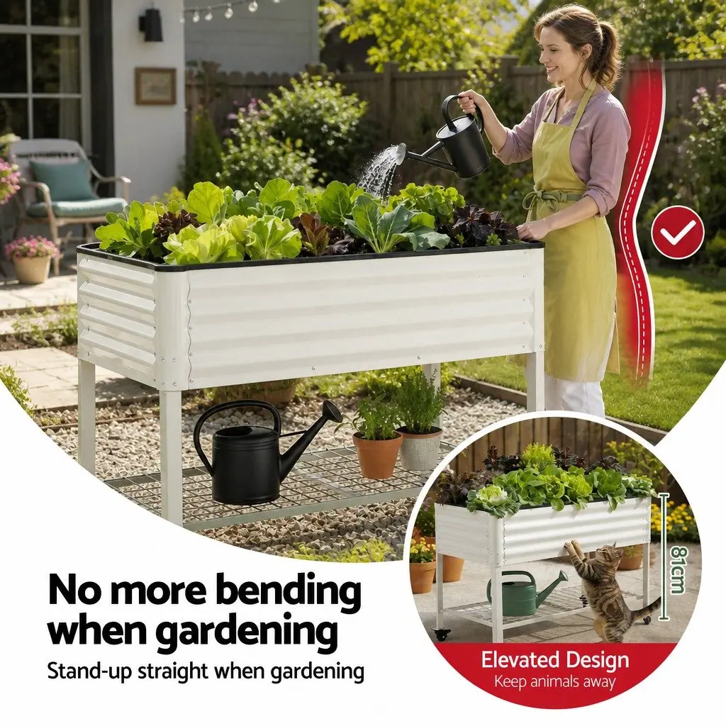 Mobile Planter Elevated Garden Bed Galvanized Steel 115cm White with Storage Shelf 81cm