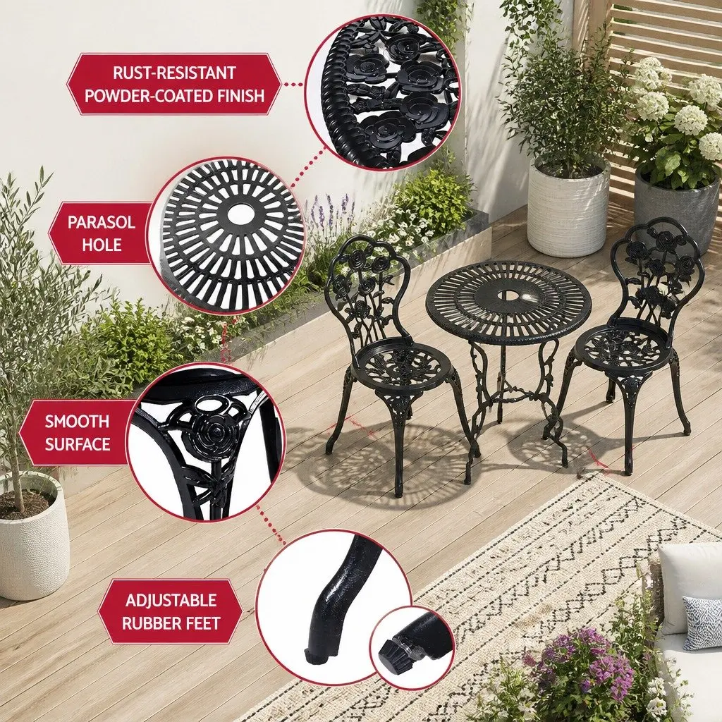 Outdoor Bistro Set Cast Aluminium and Cast Iron 3 Piece Black