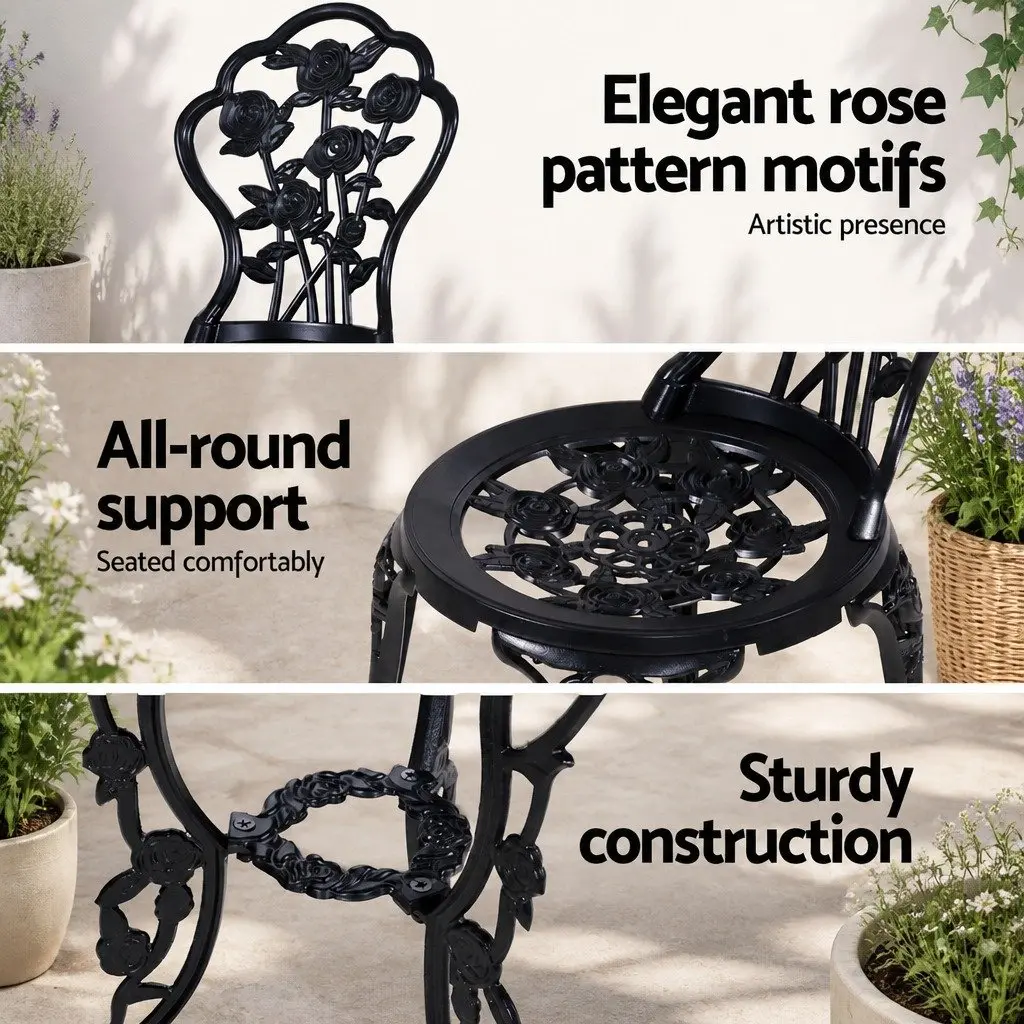 Outdoor Bistro Set Cast Aluminium and Cast Iron 3 Piece Black