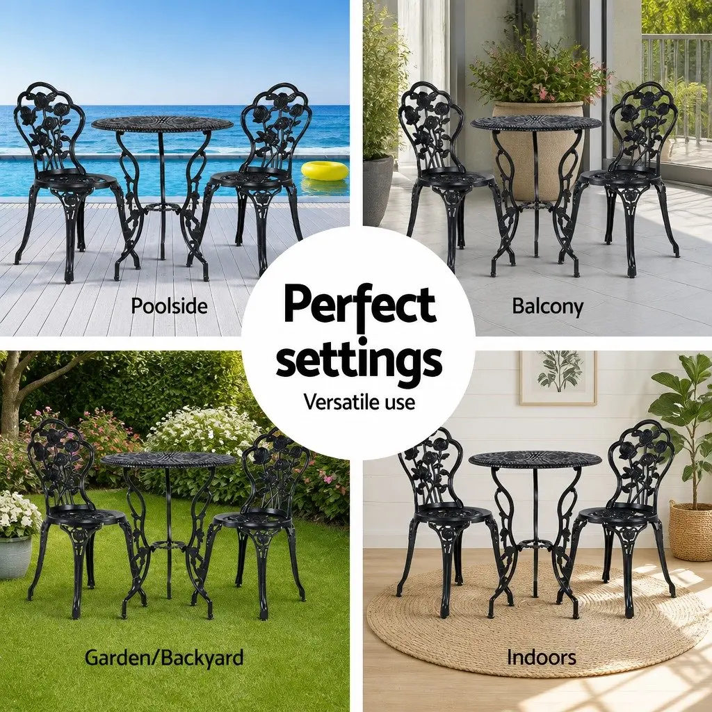 Outdoor Bistro Set Cast Aluminium and Cast Iron 3 Piece Black