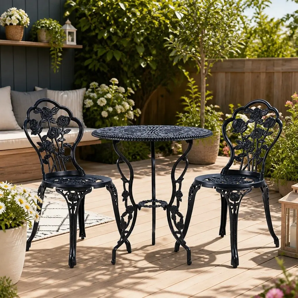 Outdoor Bistro Set Cast Aluminium and Cast Iron 3 Piece Black