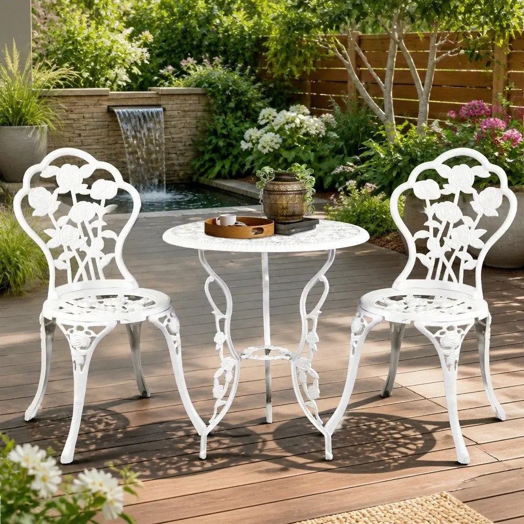 3-Piece Outdoor Bistro Set Garden Patio Furniture Chairs Table White