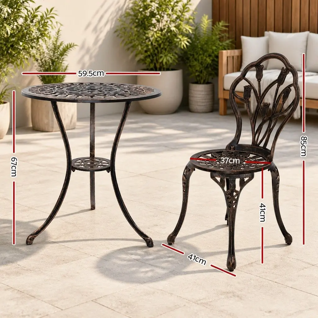 3PC Outdoor Bistro Set Bronze Patio Chairs Table Garden Furniture with Parasol