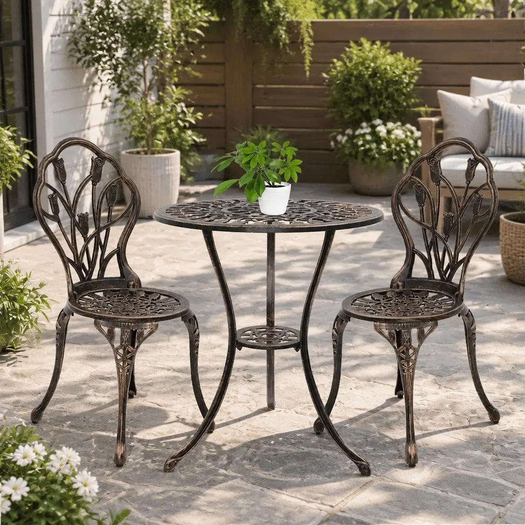 3PC Outdoor Bistro Set Bronze Patio Chairs Table Garden Furniture with Parasol