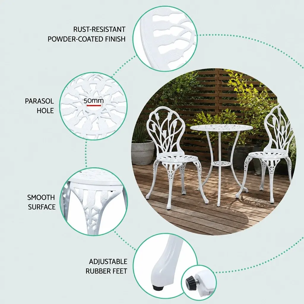 Outdoor Bistro Set 3PC Garden Furniture White Chairs Table Patio Dining Setting