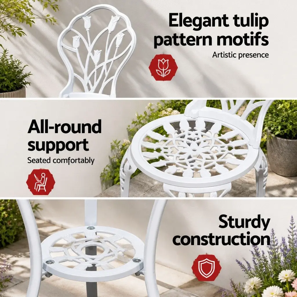 Outdoor Bistro Set 3PC Garden Furniture White Chairs Table Patio Dining Setting