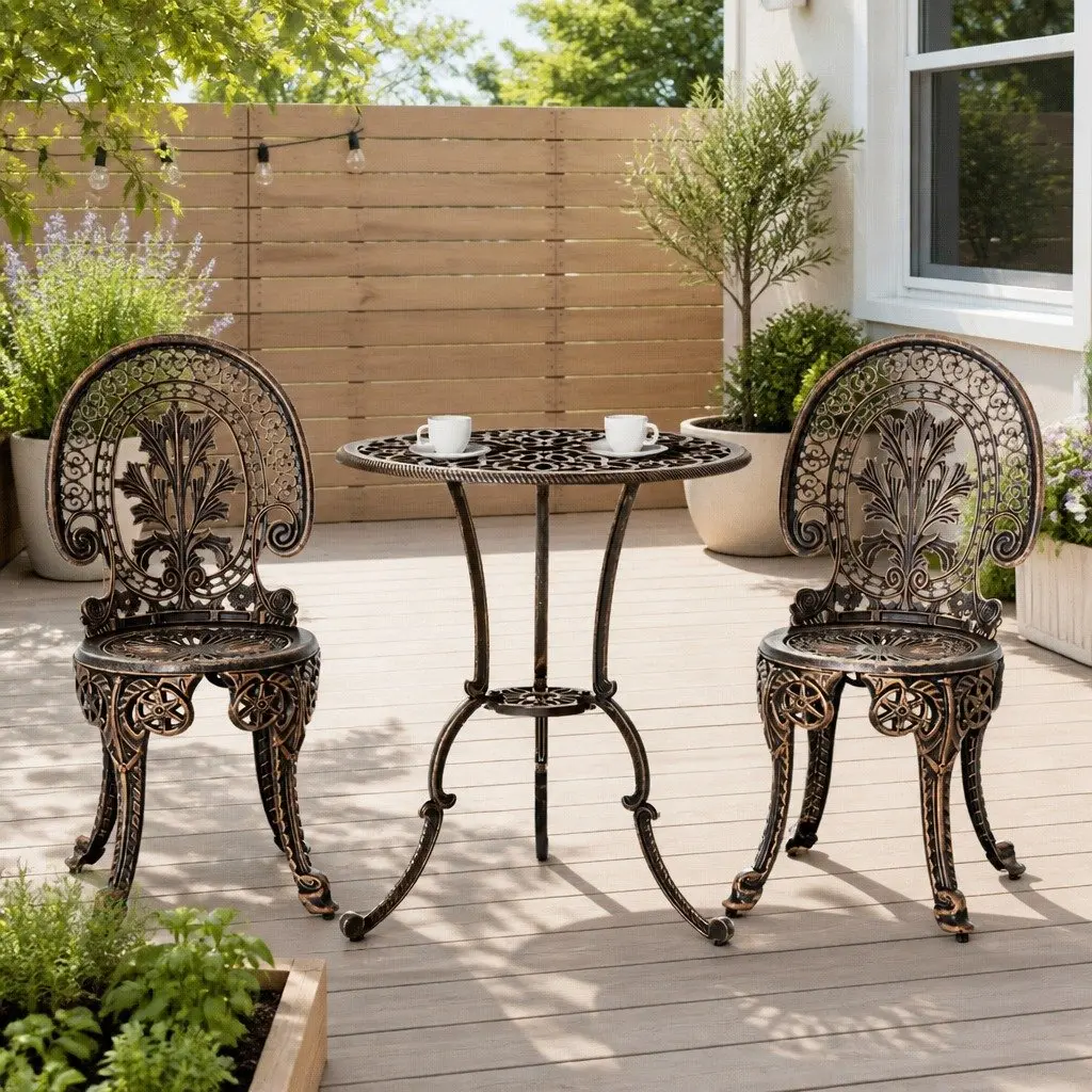 3PC Outdoor Bistro Set Cast Aluminium Table and Chairs Weather Resistant Bronze