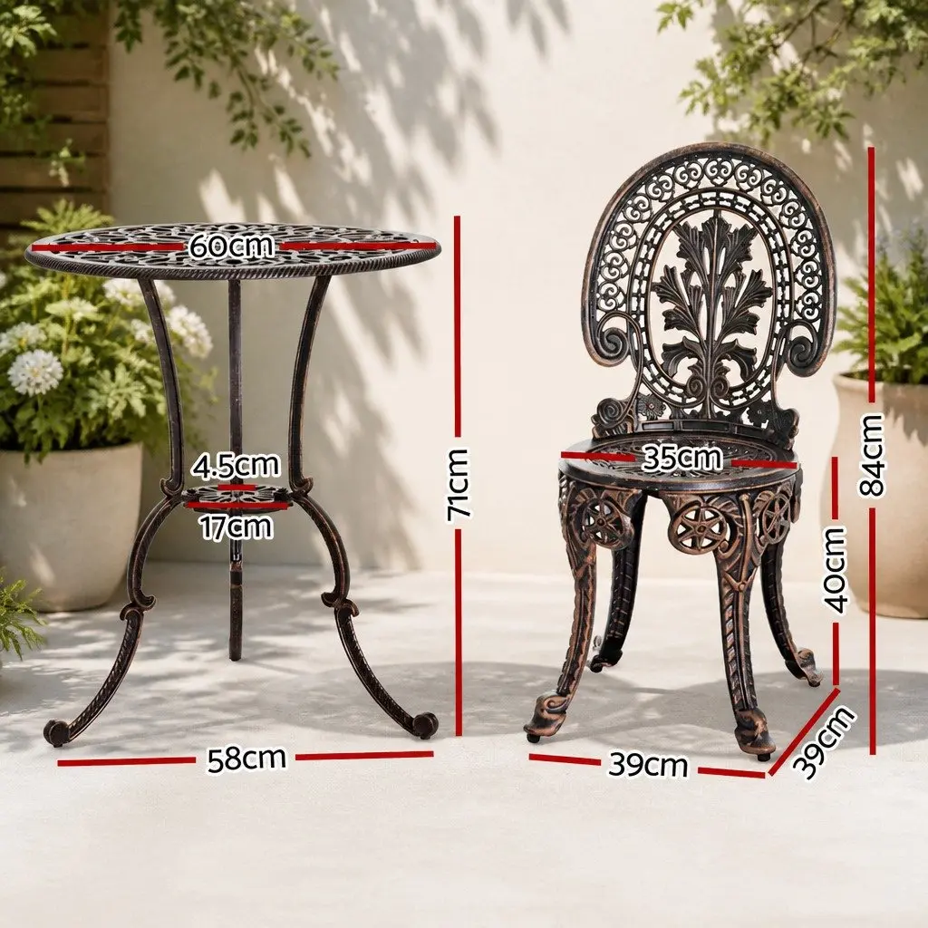 3PC Outdoor Bistro Set Cast Aluminium Table and Chairs Weather Resistant Bronze