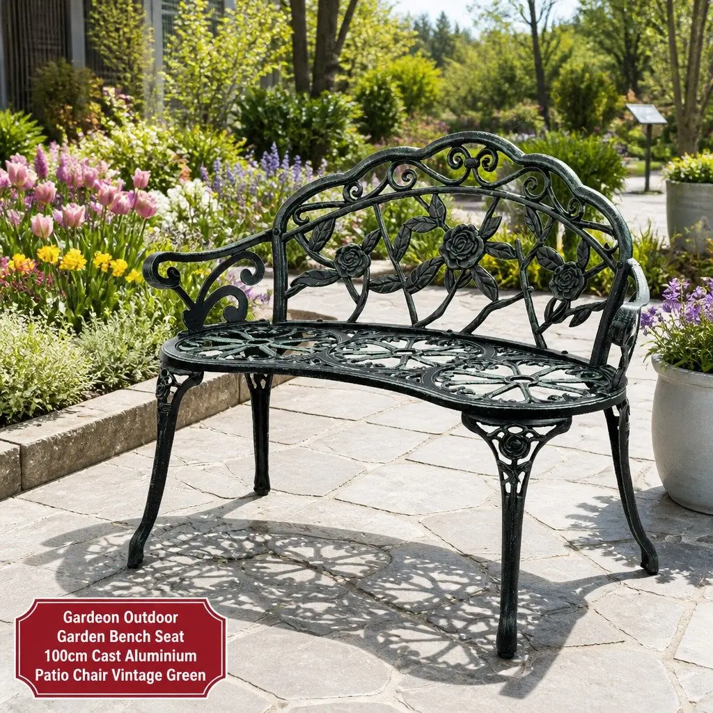 Garden Bench Cast Aluminium 100cm Vintage Green Outdoor Patio Chair