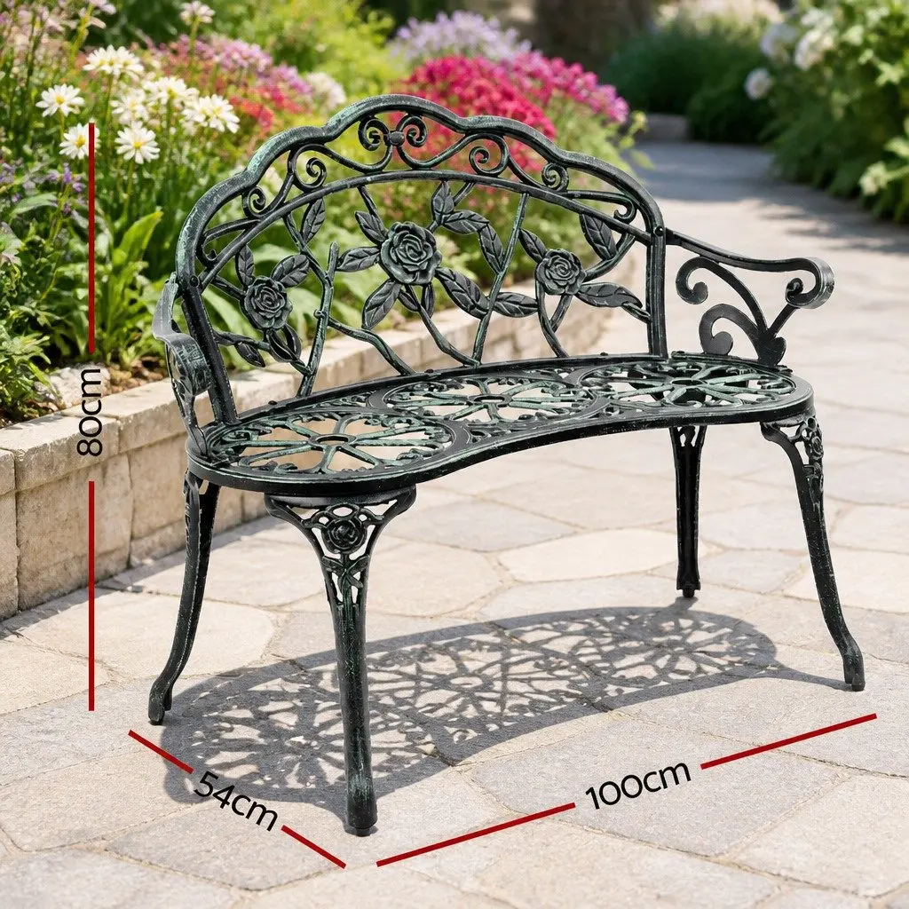 Garden Bench Cast Aluminium 100cm Vintage Green Outdoor Patio Chair