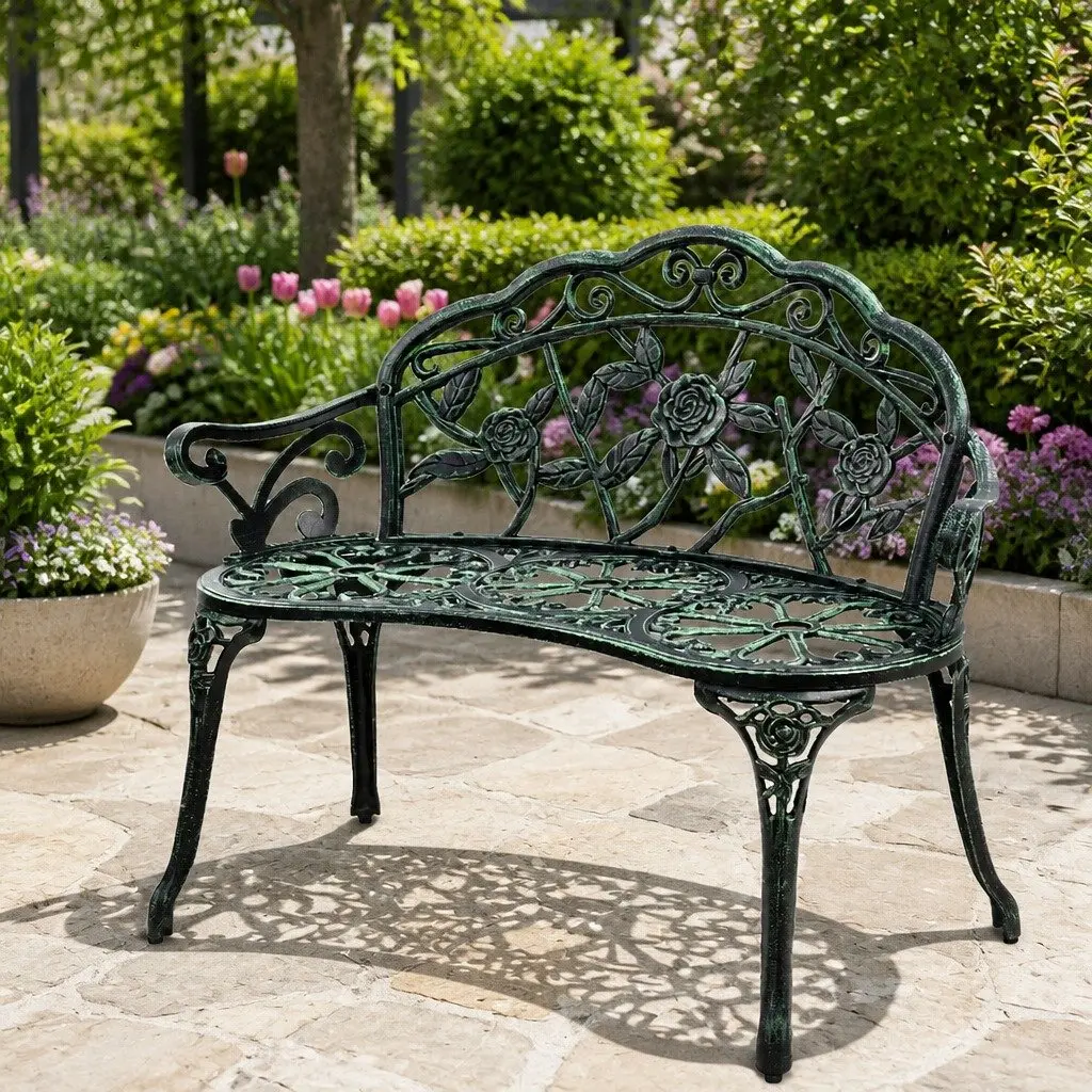 Garden Bench Cast Aluminium 100cm Vintage Green Outdoor Patio Chair
