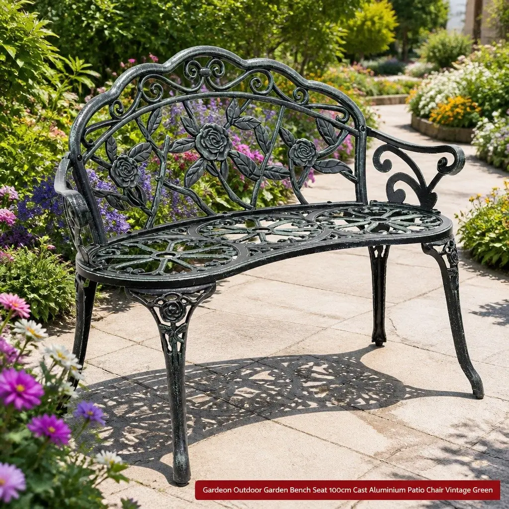 Garden Bench Cast Aluminium 100cm Vintage Green Outdoor Patio Chair