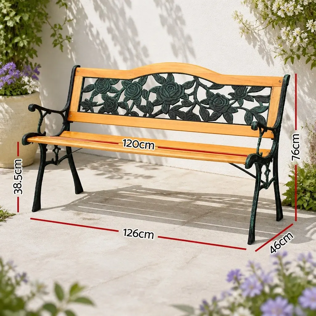 Outdoor Garden Bench Cast Iron Hardwood 126cm Oak 3 Seater