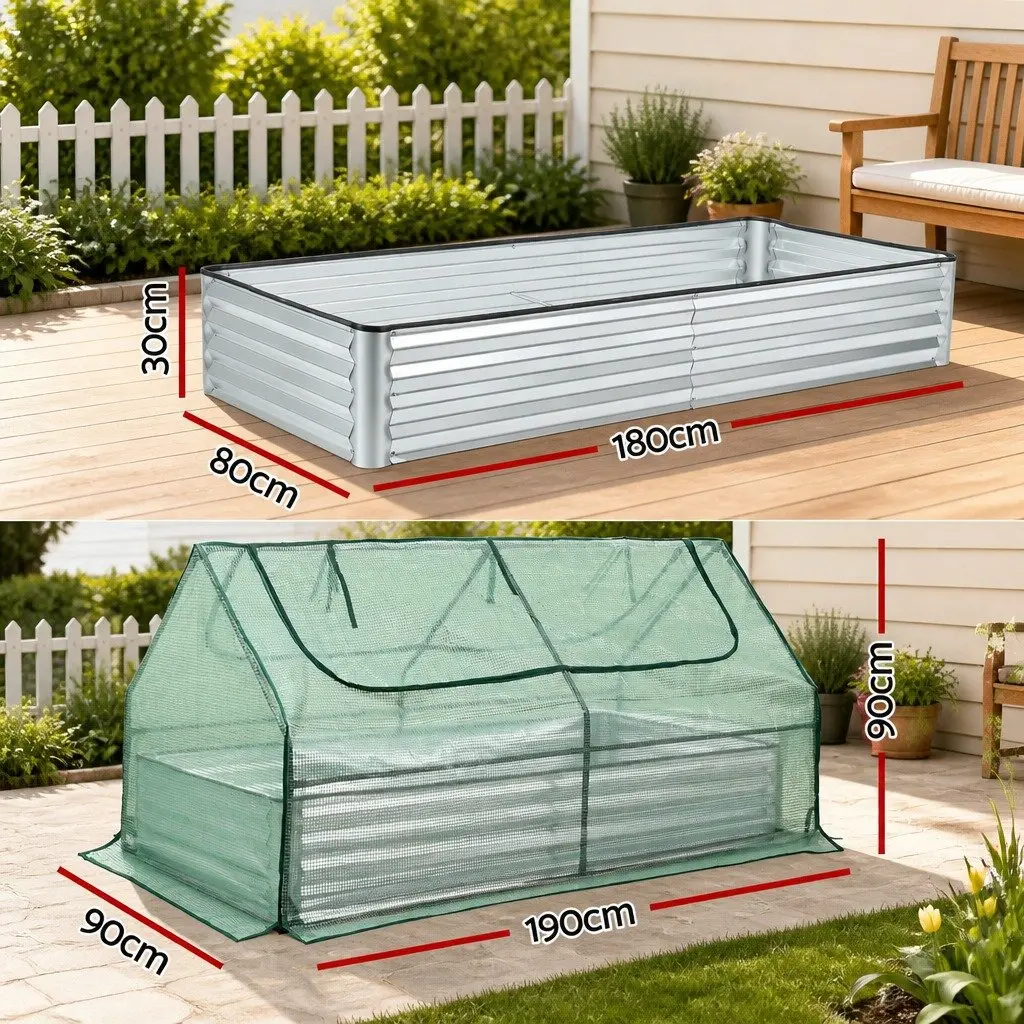 Raised Garden Bed Galvanised Steel 190 x 90 x 90 cm Green and Silver with Greenhouse Cover