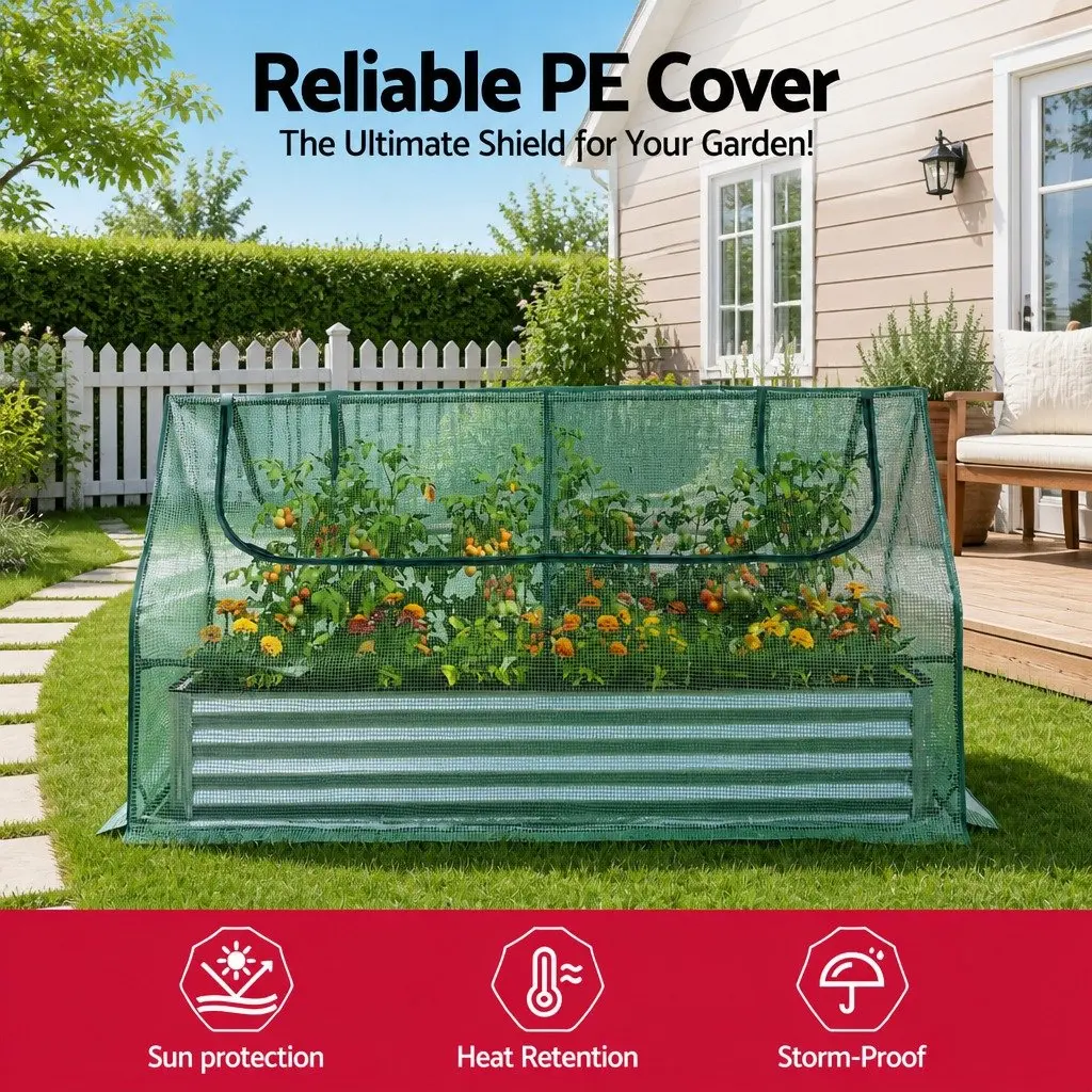 Raised Garden Bed Galvanised Steel 190 x 90 x 90 cm Green and Silver with Greenhouse Cover